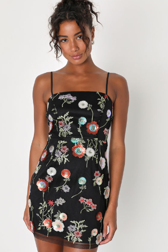 Lulus Black Floral Embroidered Sequin Mini Dress