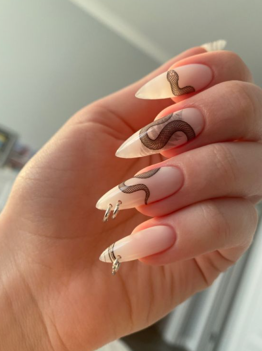 Snake Print Nails with Hoop Nail Piercing