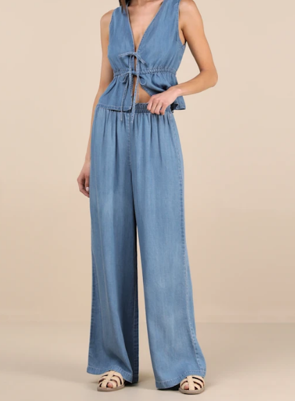 Maldwyn Blue Chambray High-Rise Wide-Leg Pants