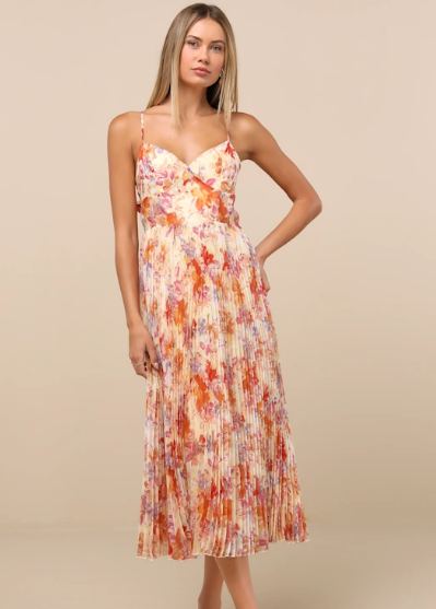 Alondra Light Yellow Multi Floral Pleated Midi Dress